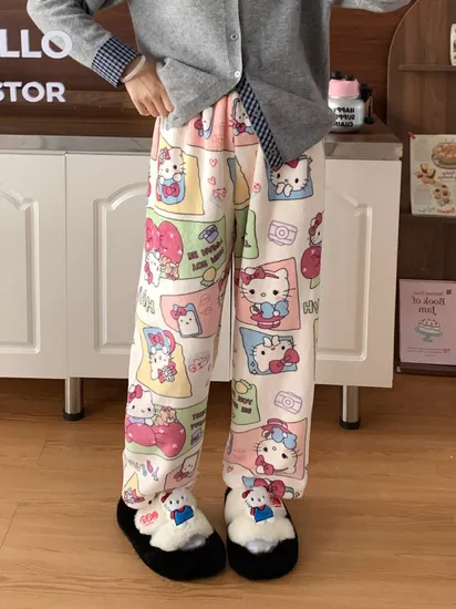 Ruunjoy Sanrio Cartoon Hellokitty Plush Long Pajama Pants Girl Coral Velvet Trousers Sleepwear Casual Kawaii Winter House Clothes Holiday Gift 