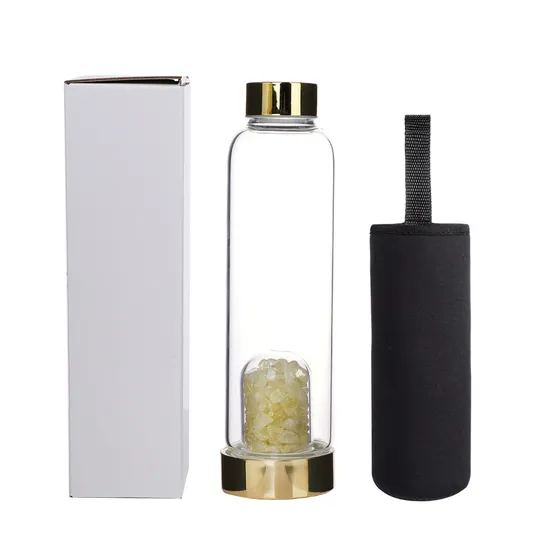 Eco Friendly Natural Healing Top Seller Bamboo Crystal Cup Rose Quartz Gemstone Infused Glass Crystal Water Bottle 